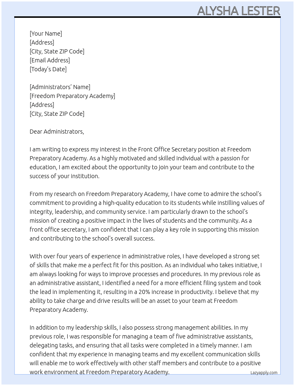Front Office Secretary At Freedom Preparatory Academy Cover Letter