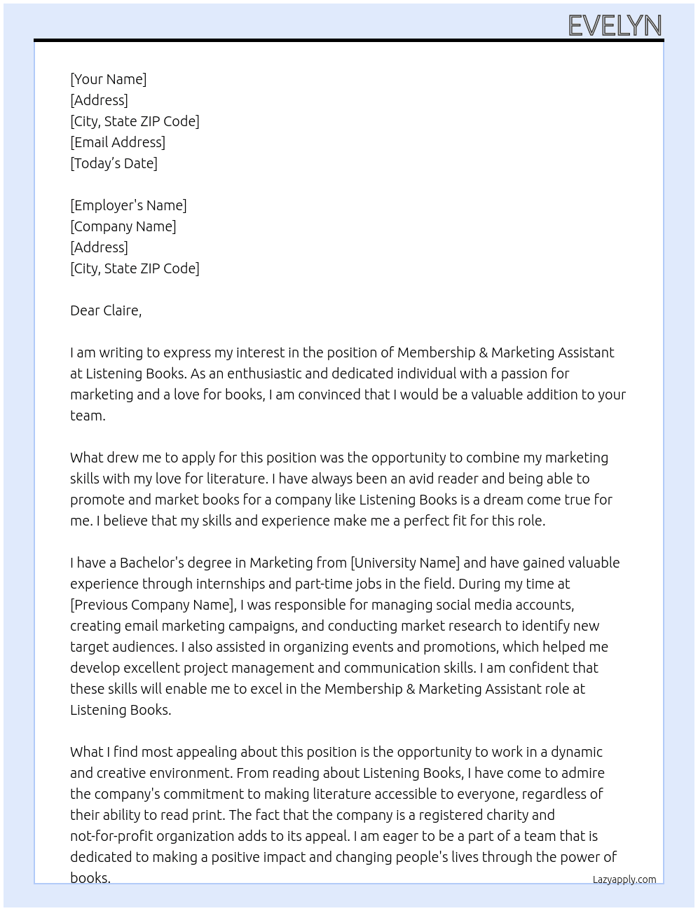Membership & Marketing Assistant At Listening Books Cover Letter