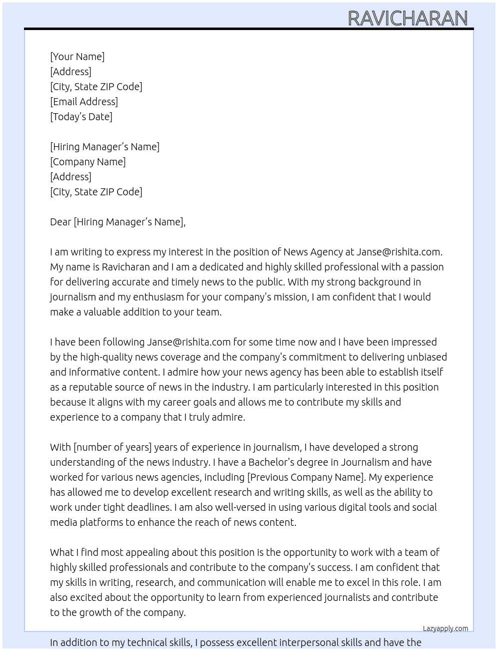 News agency  At Janse@rishita.com Cover Letter
