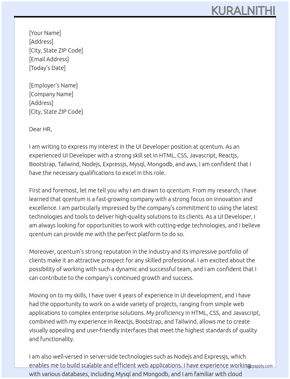 UI developer At qcentum Cover Letter