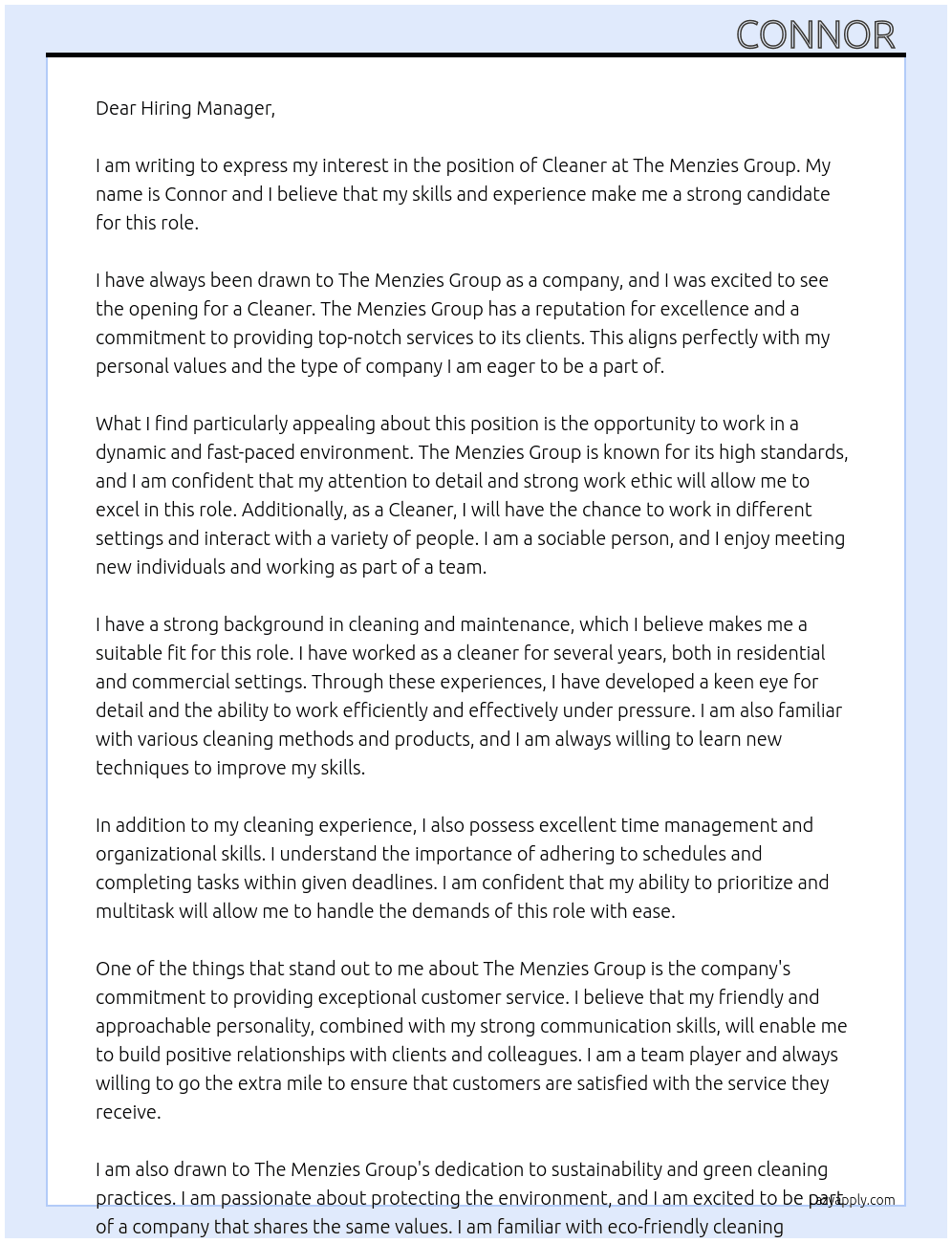 Cleaner  At The Menzies Group Cover Letter