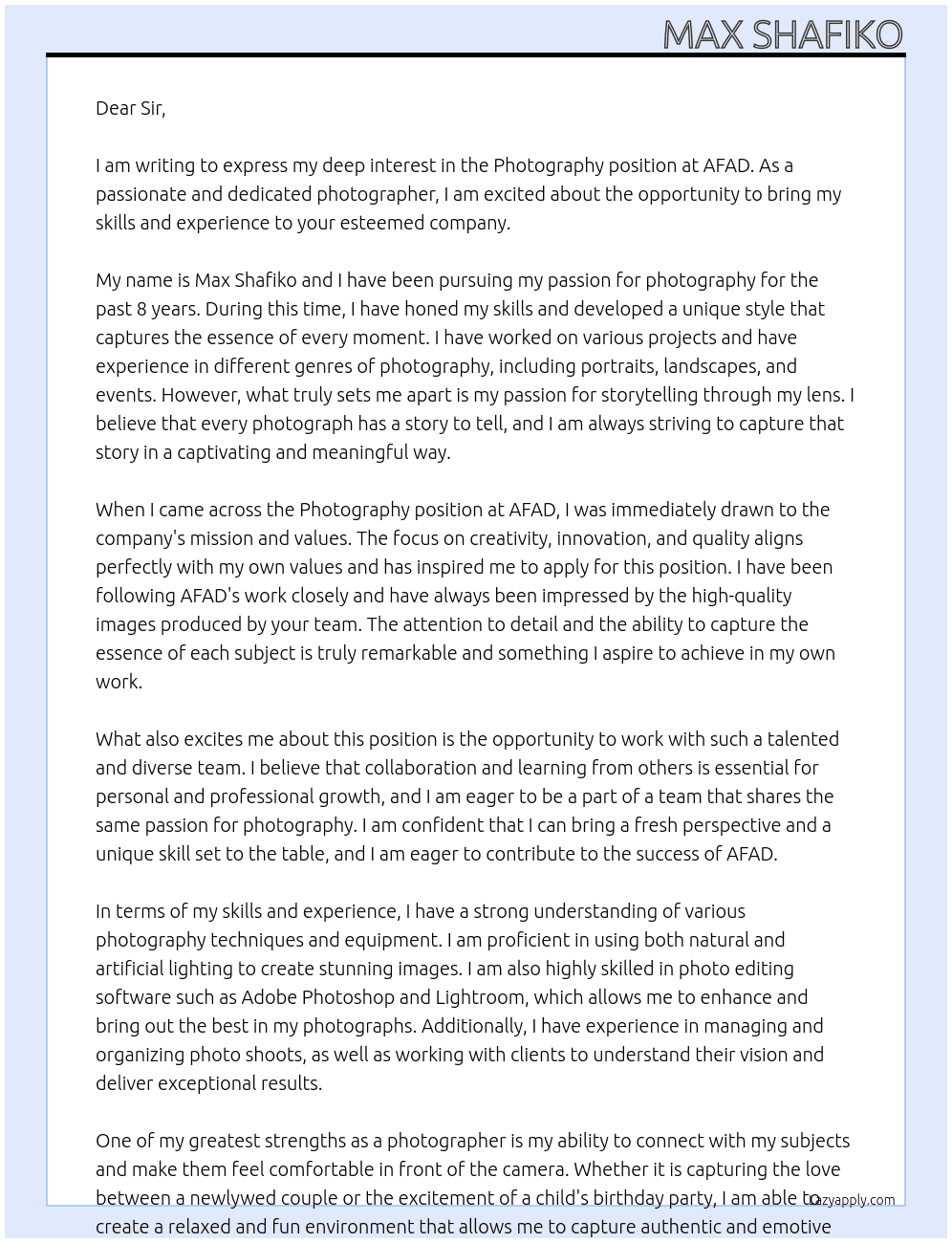 Photography At AFAD Cover Letter