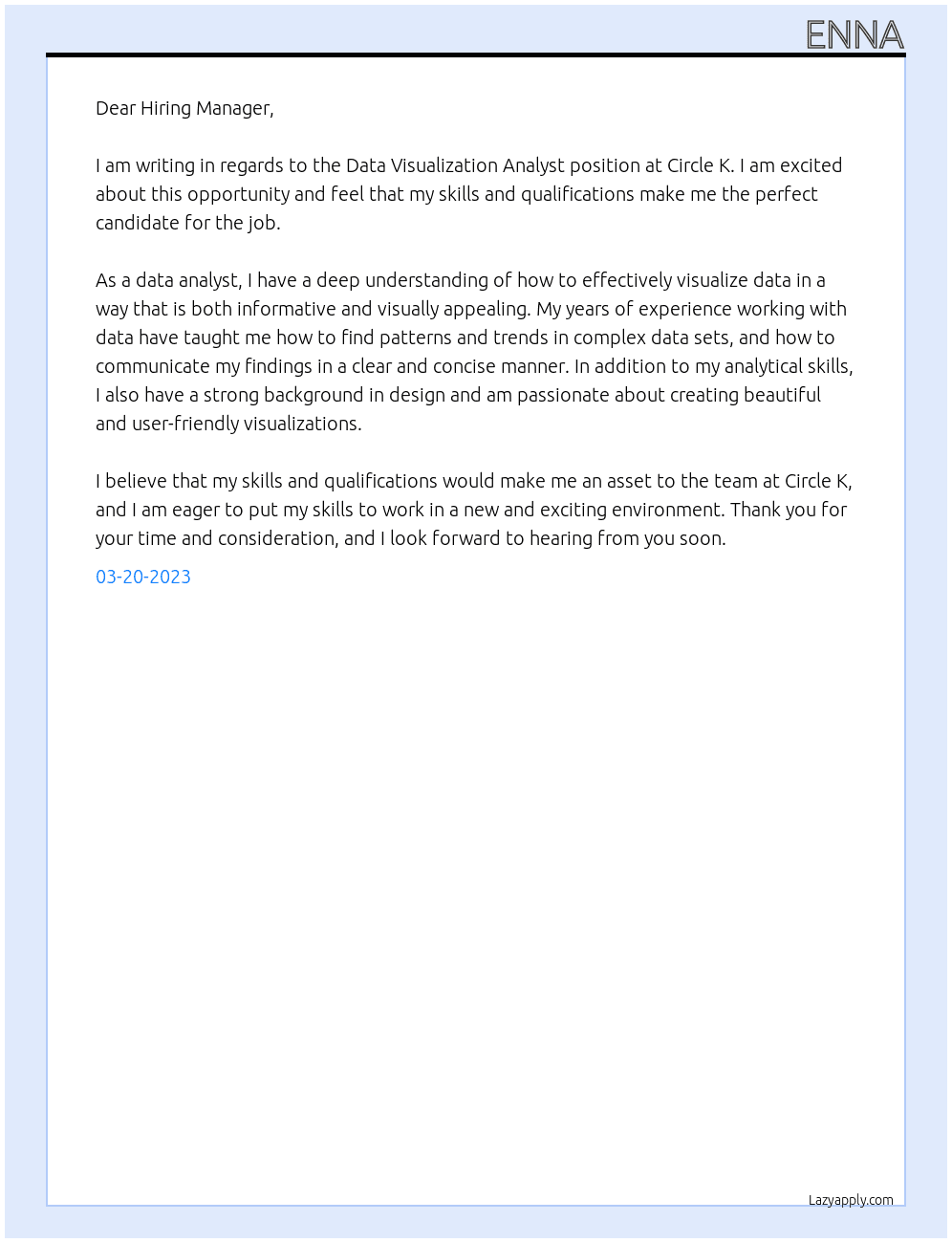 Data Visualization Analyst At Circle K Cover Letter