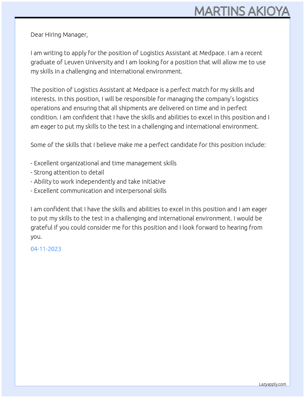 Logistics Assistant At Medpace Cover Letter