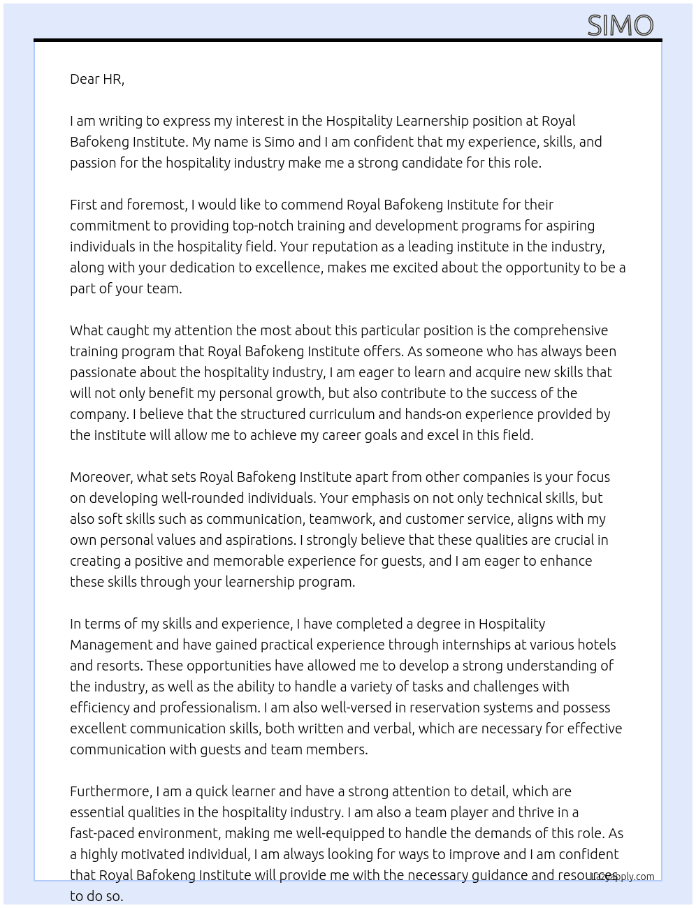 Hospitality Learnership  At Royal bafokeng instituted  Cover Letter