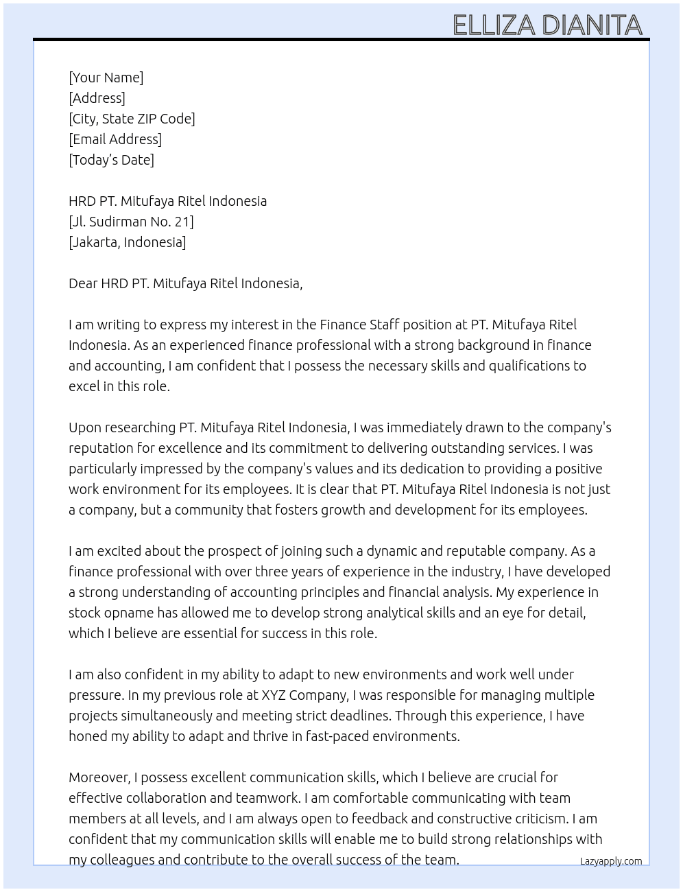 Finance Staff At PT. Mitufaya Ritel Indonesia Cover Letter