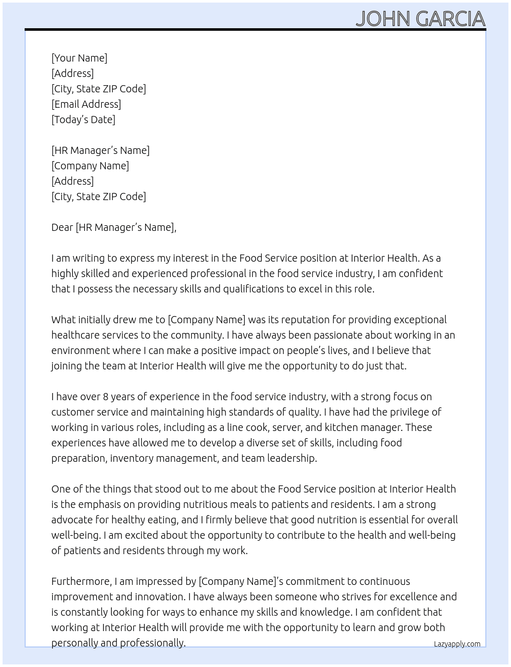 food service At interior health Cover Letter