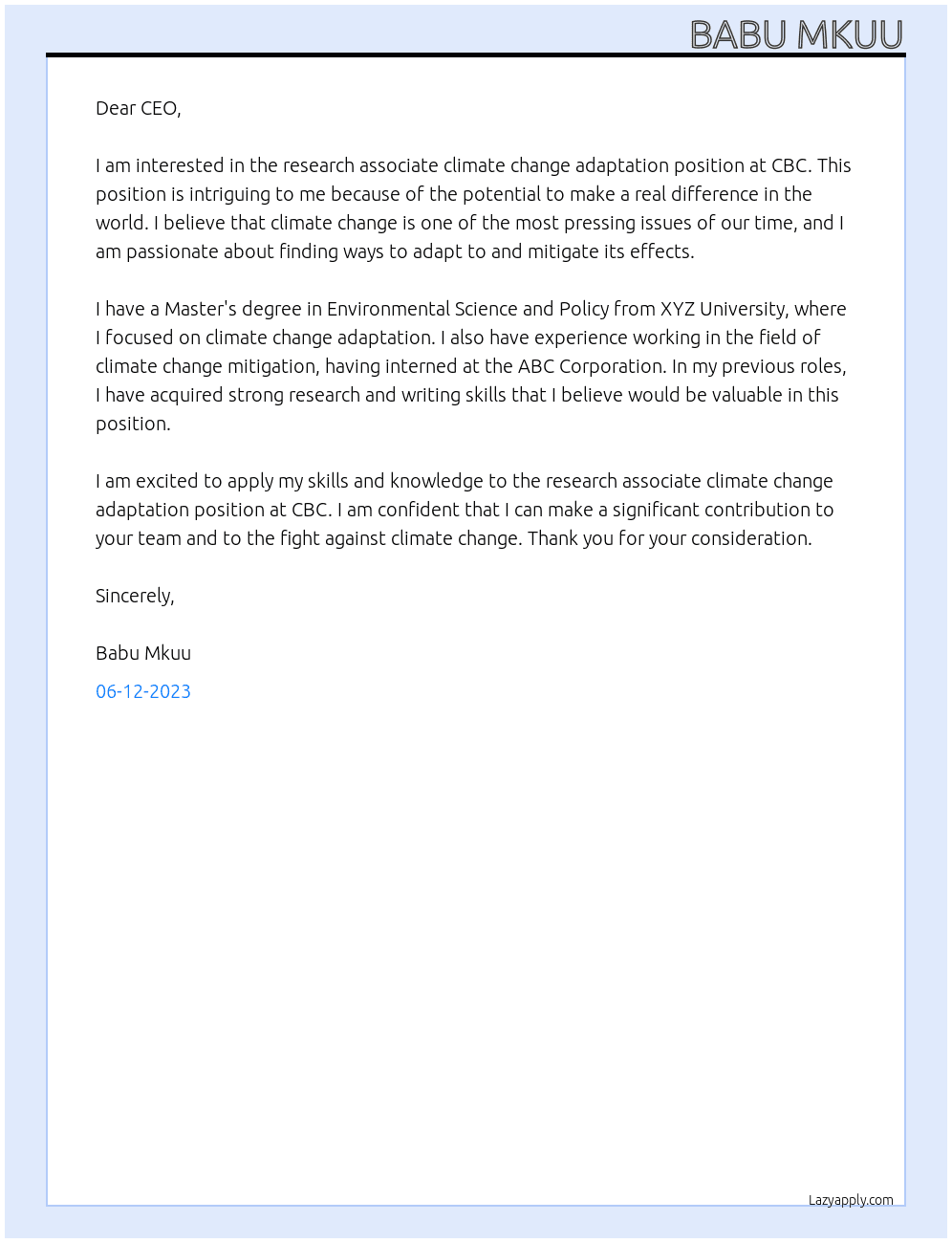 research associate climate change adaptation At CBC Cover Letter