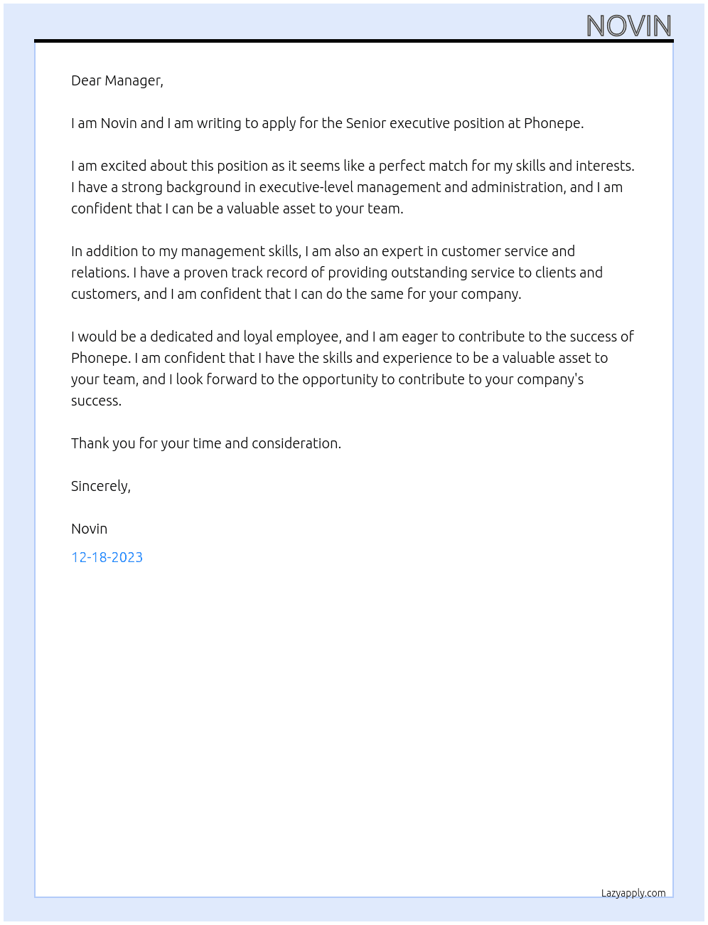 Senior executive At Phonepe Cover Letter