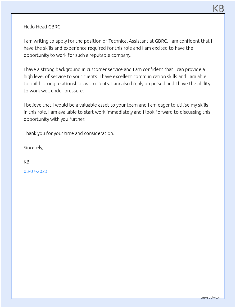 Technical Assistant At GBRC Cover Letter