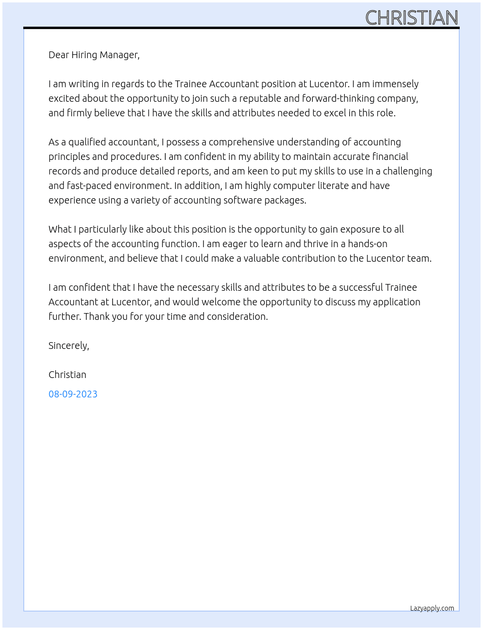 Trainee Accountant At Lucentor Cover Letter