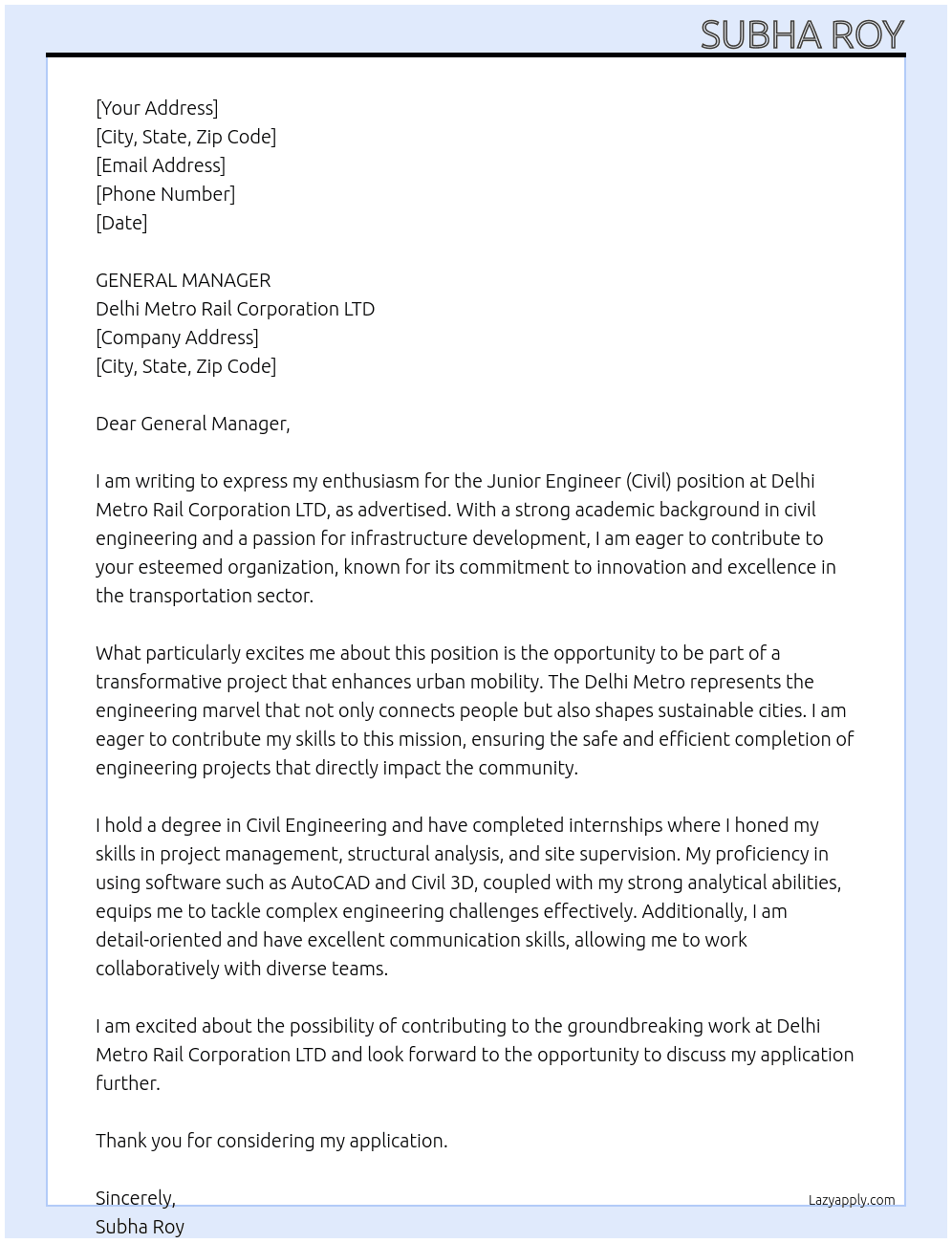 Junior engineer (civil) At Delhi metro rail corporation LTD Cover Letter