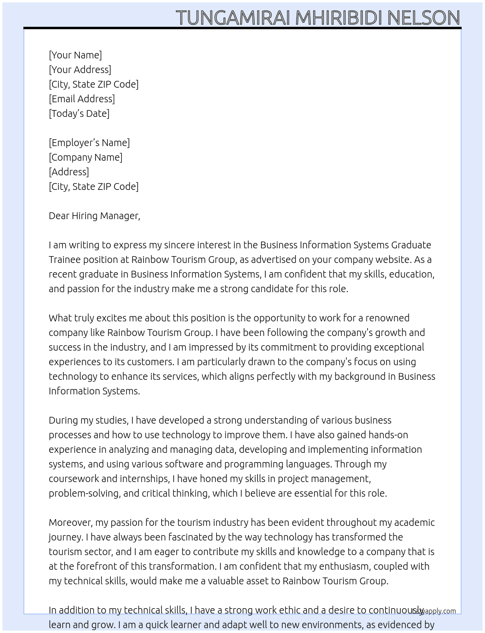 Business Information systems Graduate Trainee At Rainbow Tourism Group Cover Letter