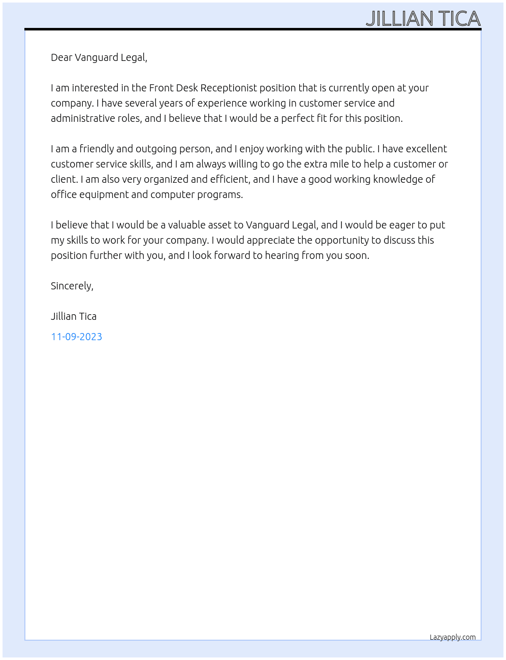 Front Desk Receptionist At Vanguard Legal Cover Letter