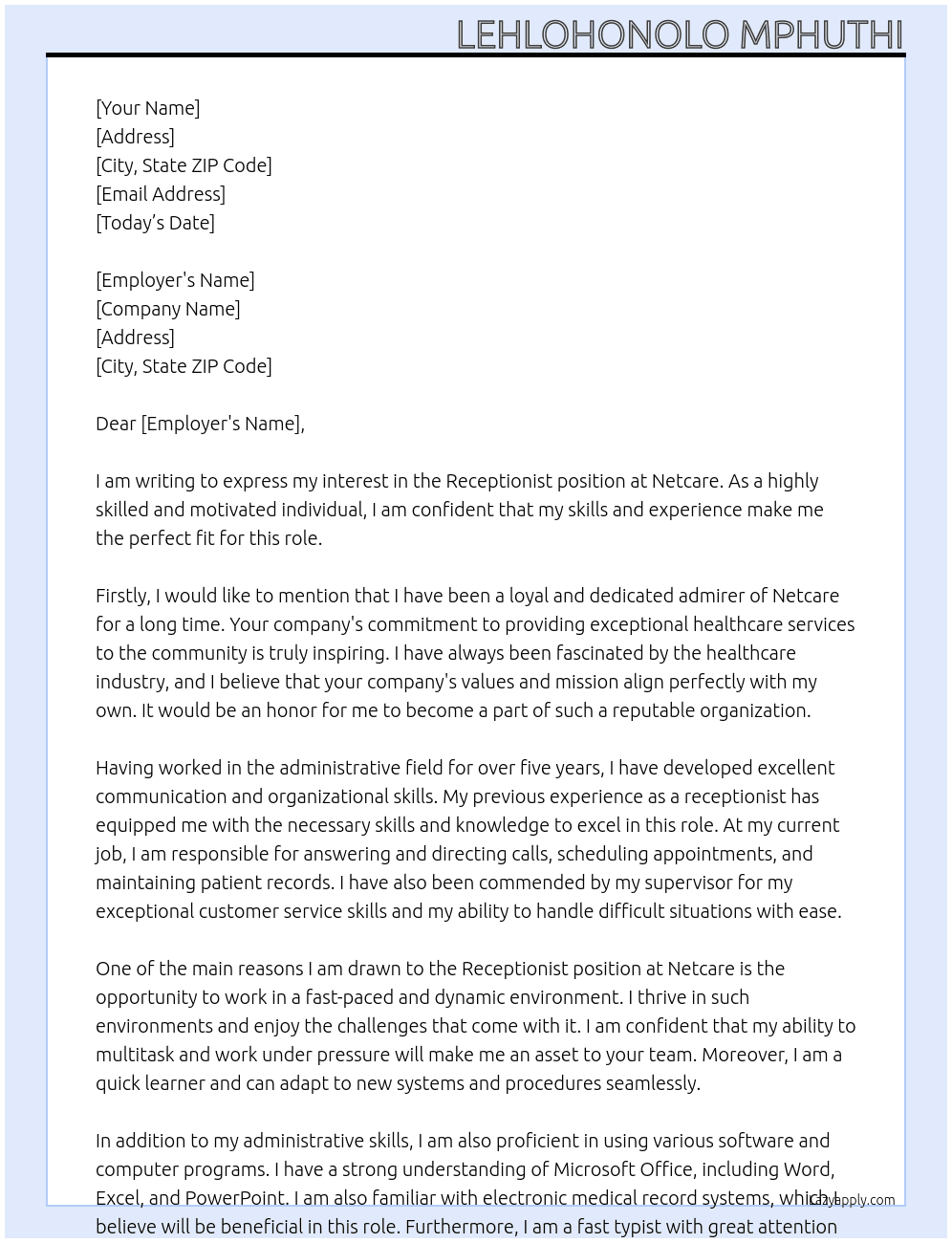 Receptionist  At Netcare  Cover Letter