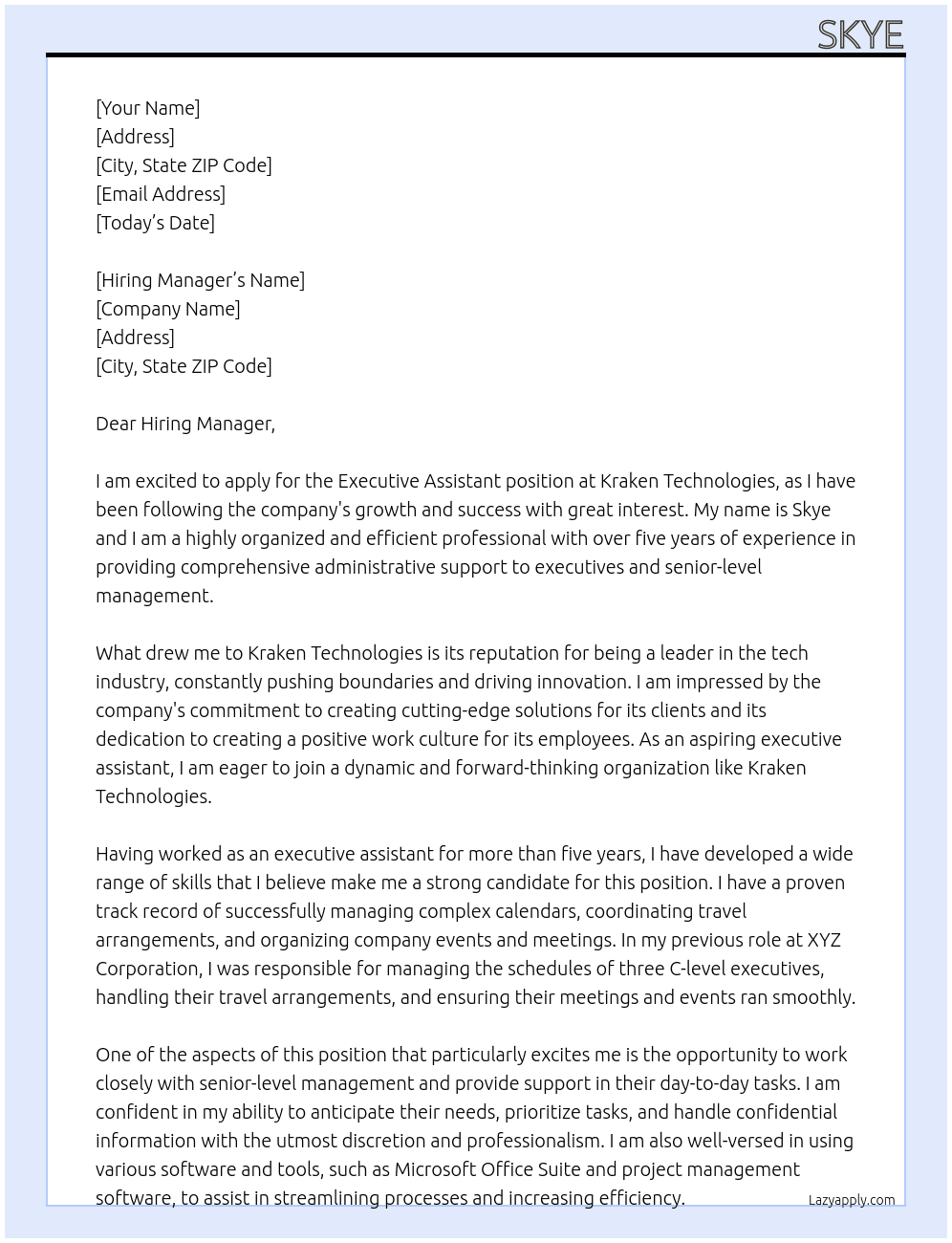Executive assistant At Kraken Technologies Cover Letter
