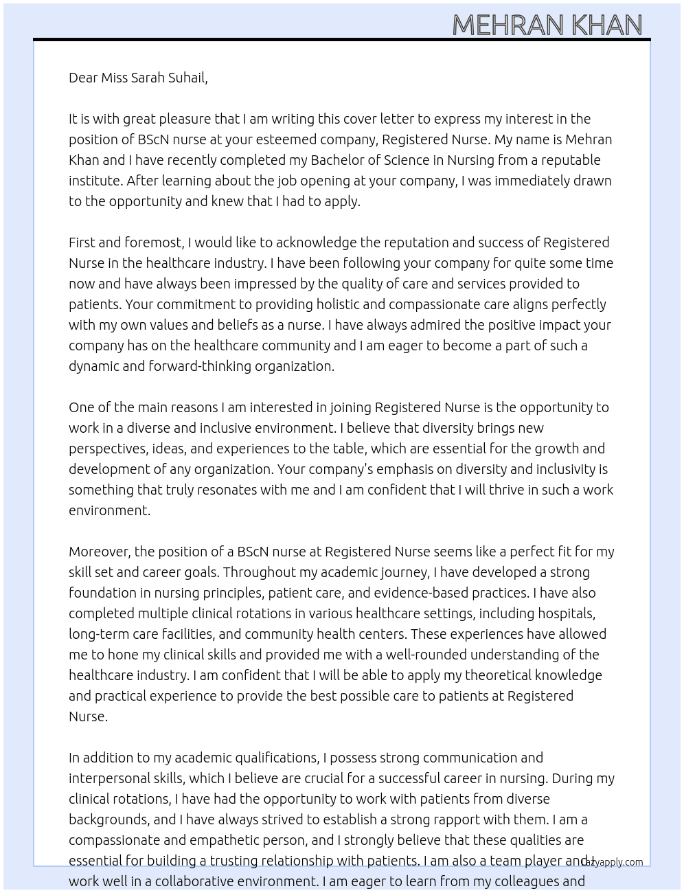 BScN nurse  At registered nurse' Cover Letter