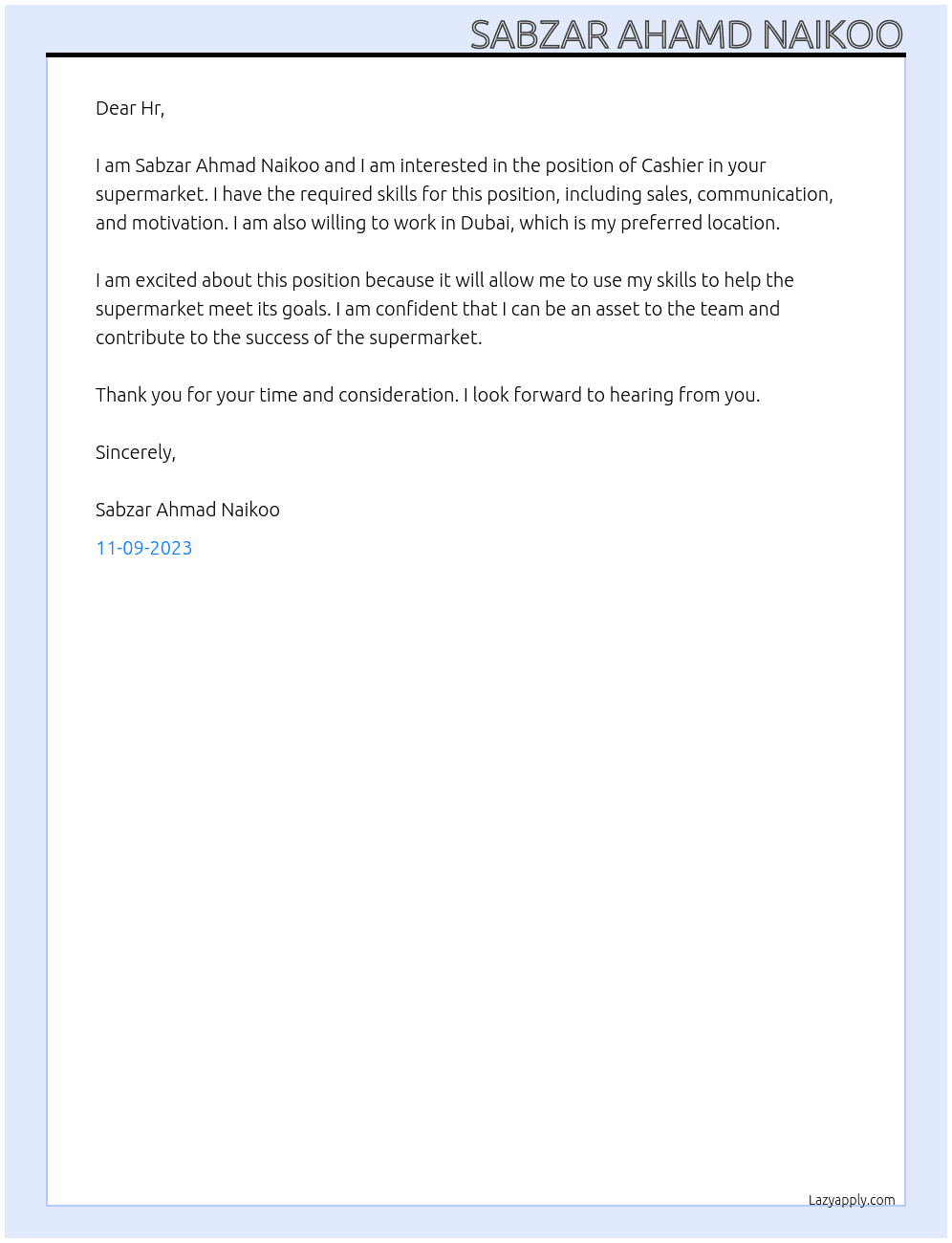 Cashier in supermarket At Supermarket  Cover Letter