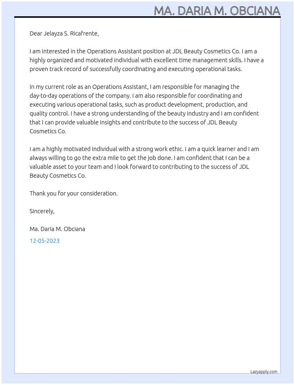 Operations Assistant At JDL Beauty Cosmetics Co. Cover Letter