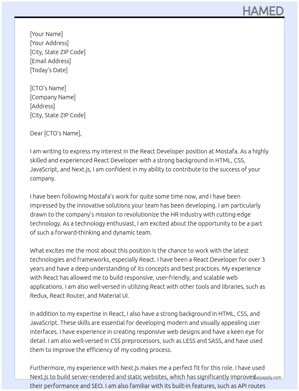 react developer At mostafa Cover Letter