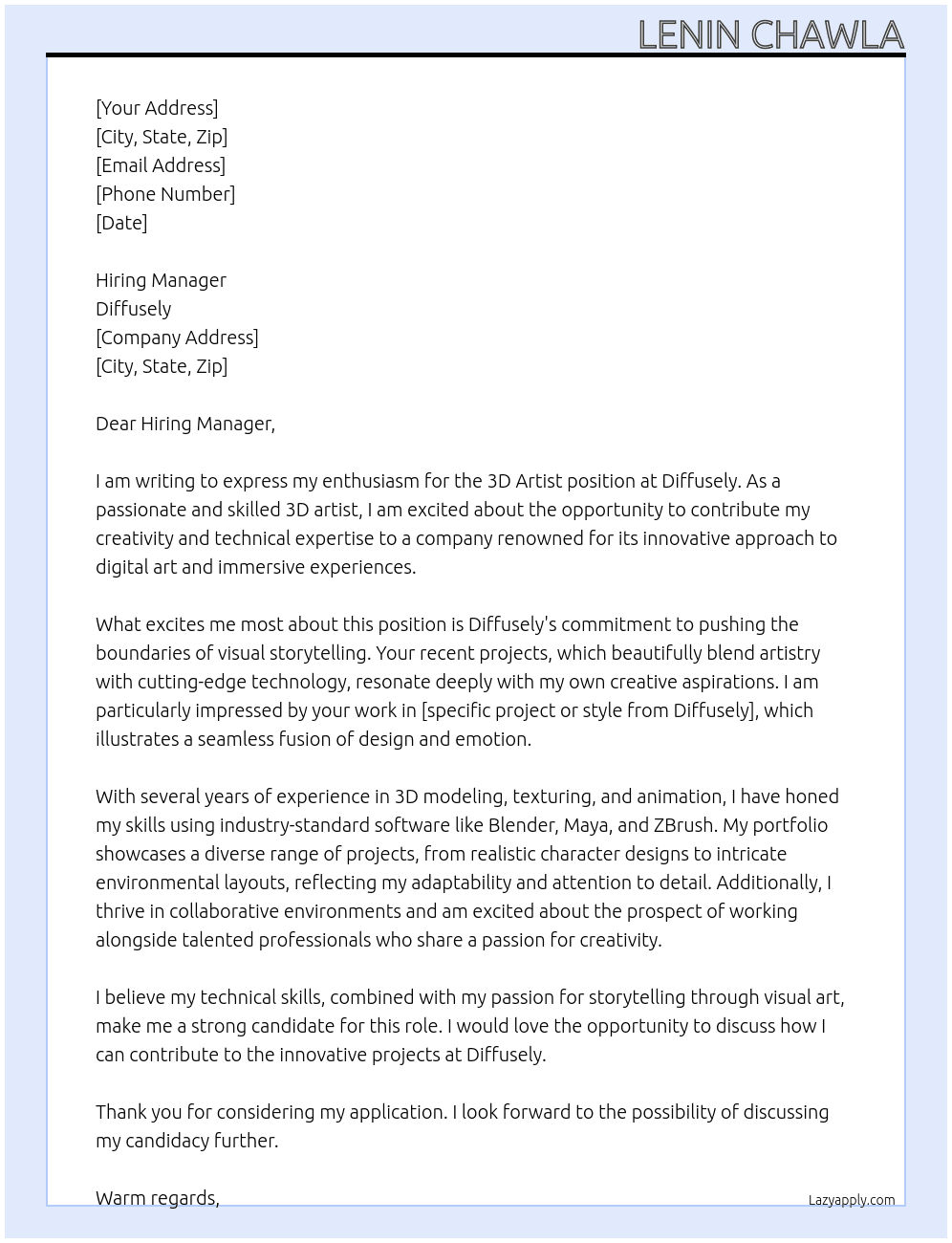 3d artist At Diffusely Cover Letter