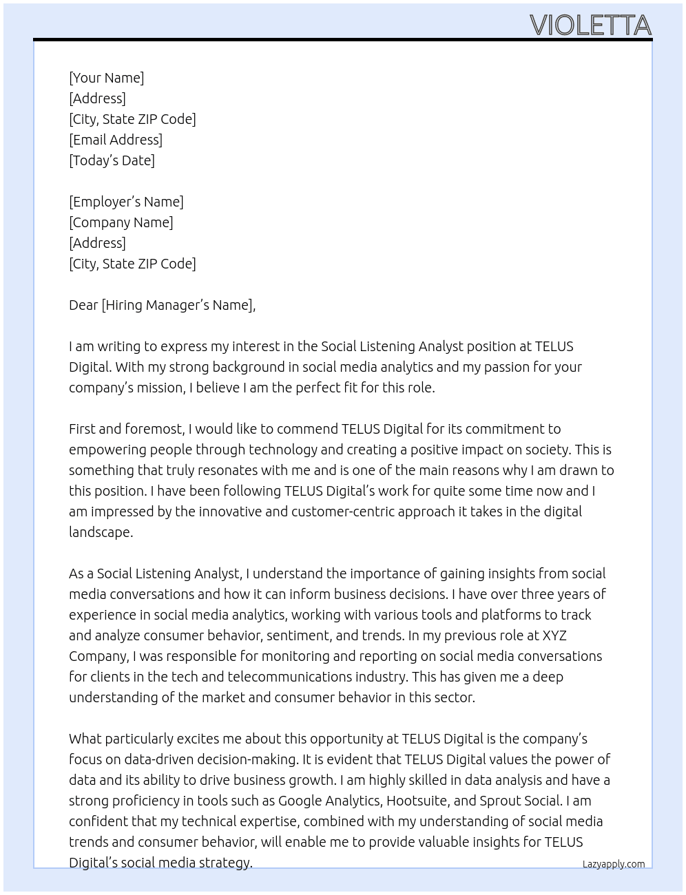 Social Listening Analyst At TELUS Digital Cover Letter