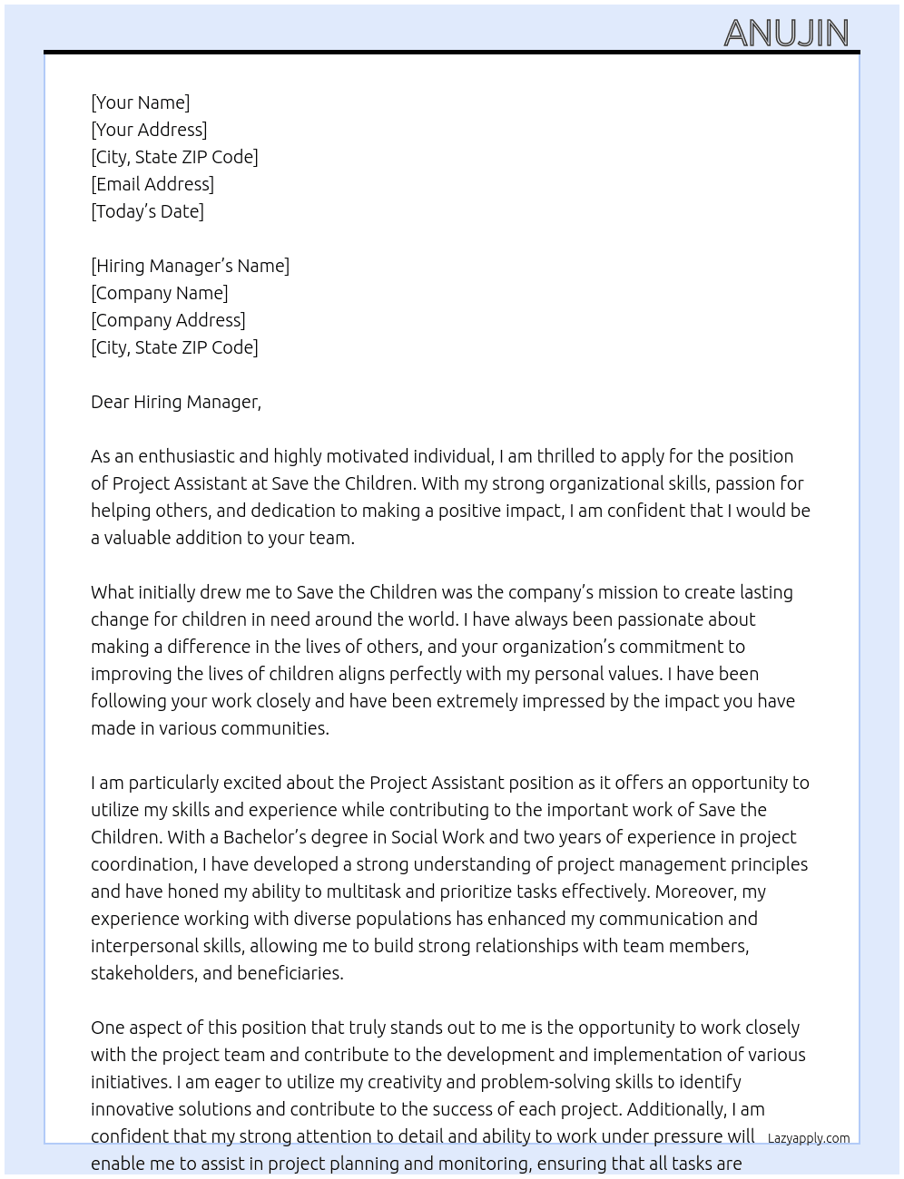 Project Assistant  At Save the Children  Cover Letter