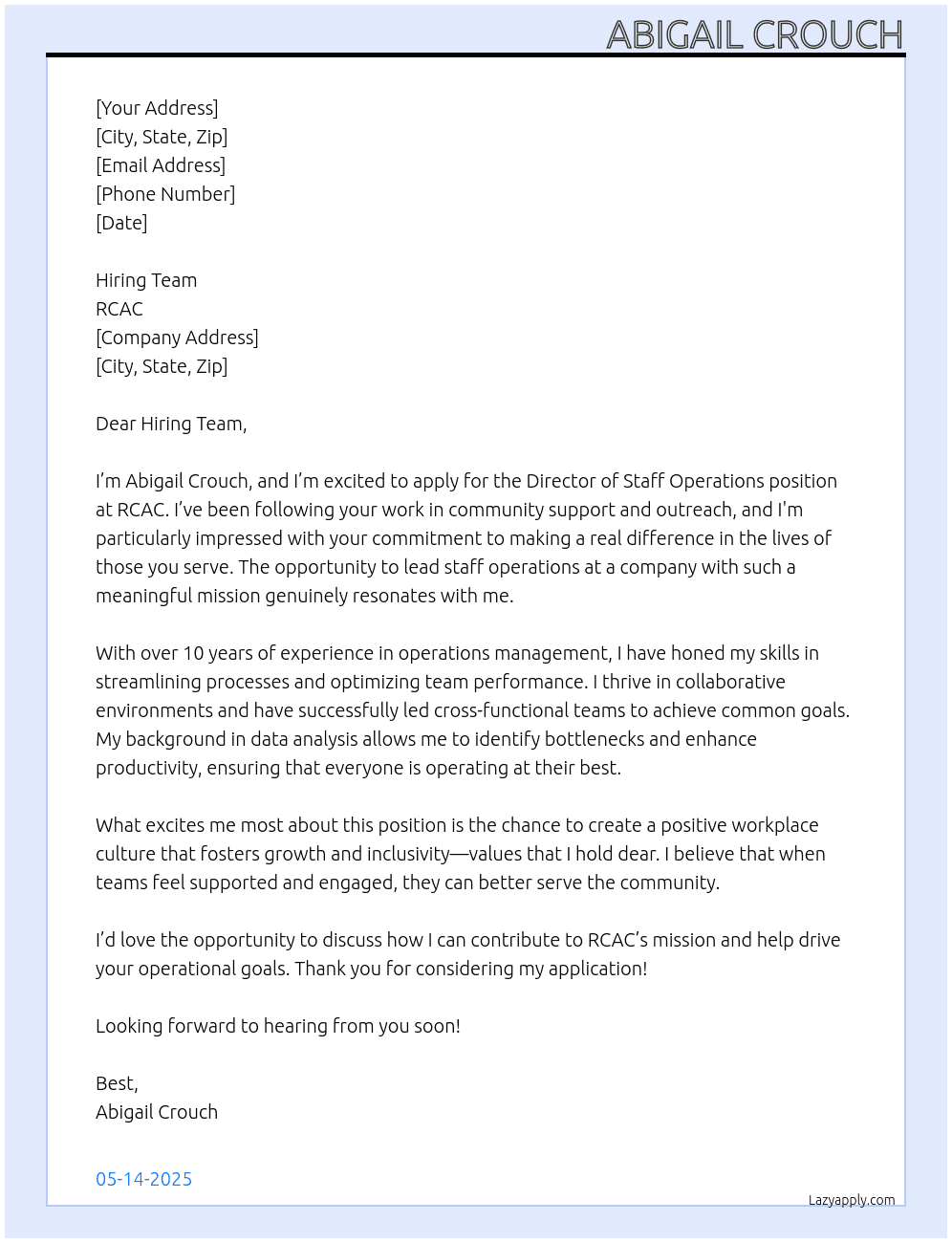 Director Staff Operations At RCAC Cover Letter
