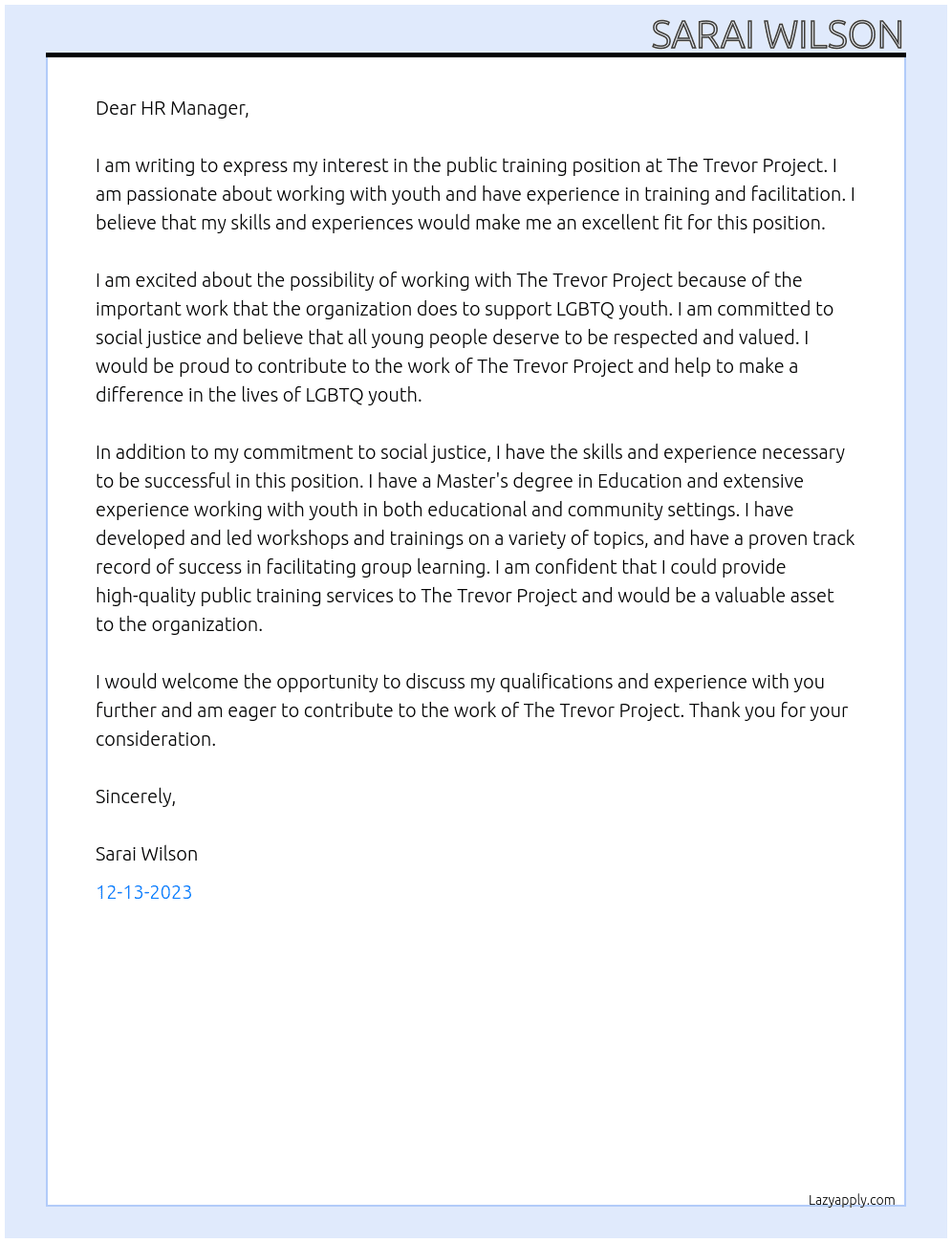 Public Training At The Trevor Project Cover Letter
