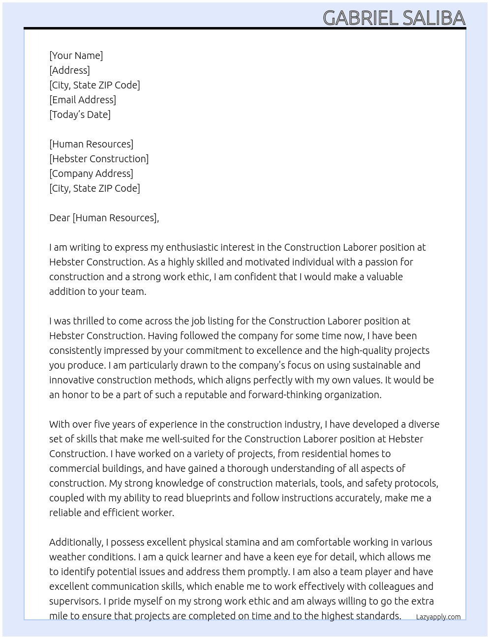 construction laborer At Hebster Construction Cover Letter