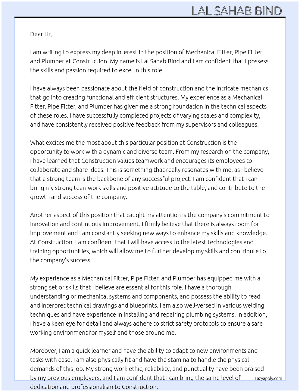 Mechanical fitter pipe fitter plumber At Construction Cover Letter