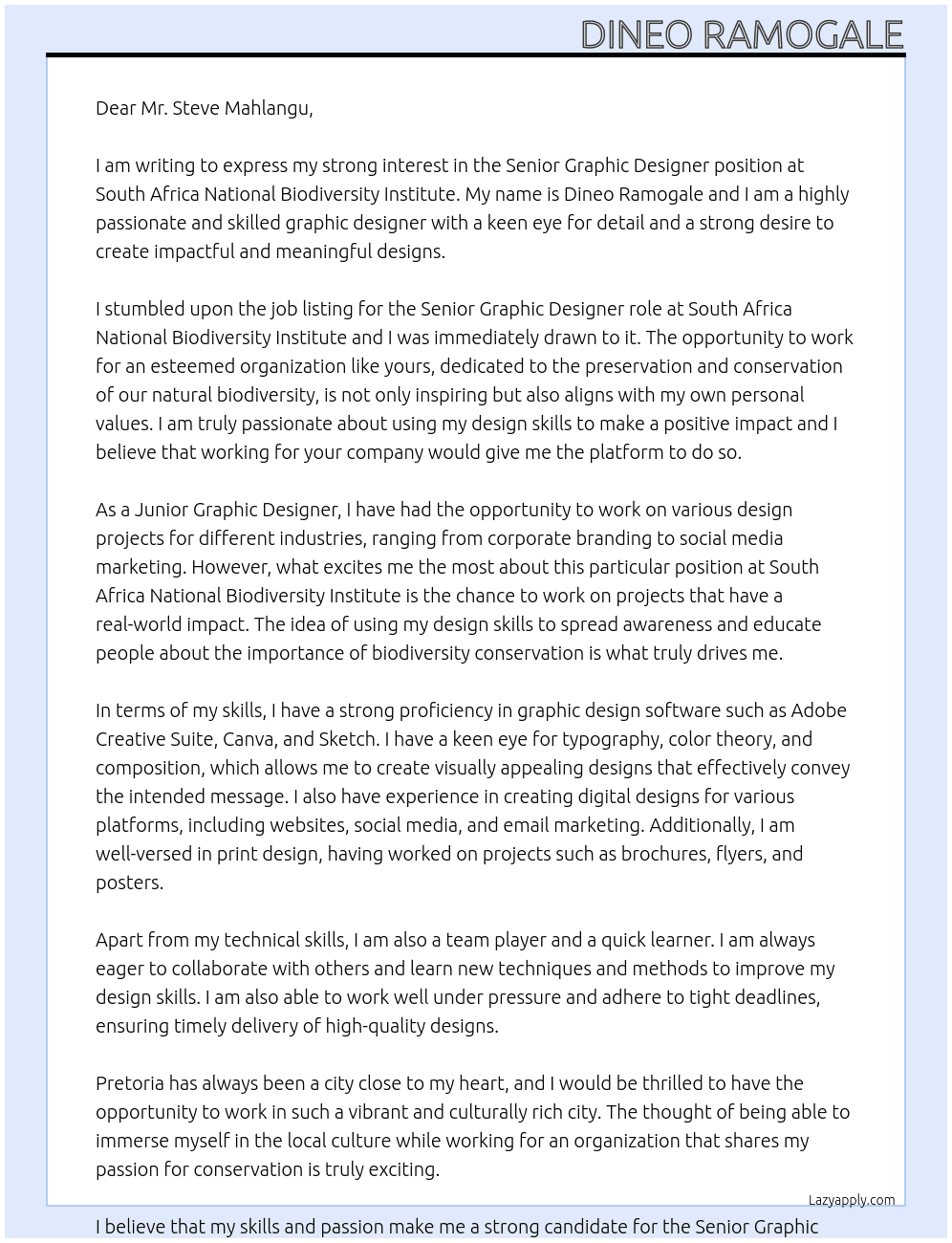Senior Graphic Designer At South Africa National Biodiversity Institute Cover Letter