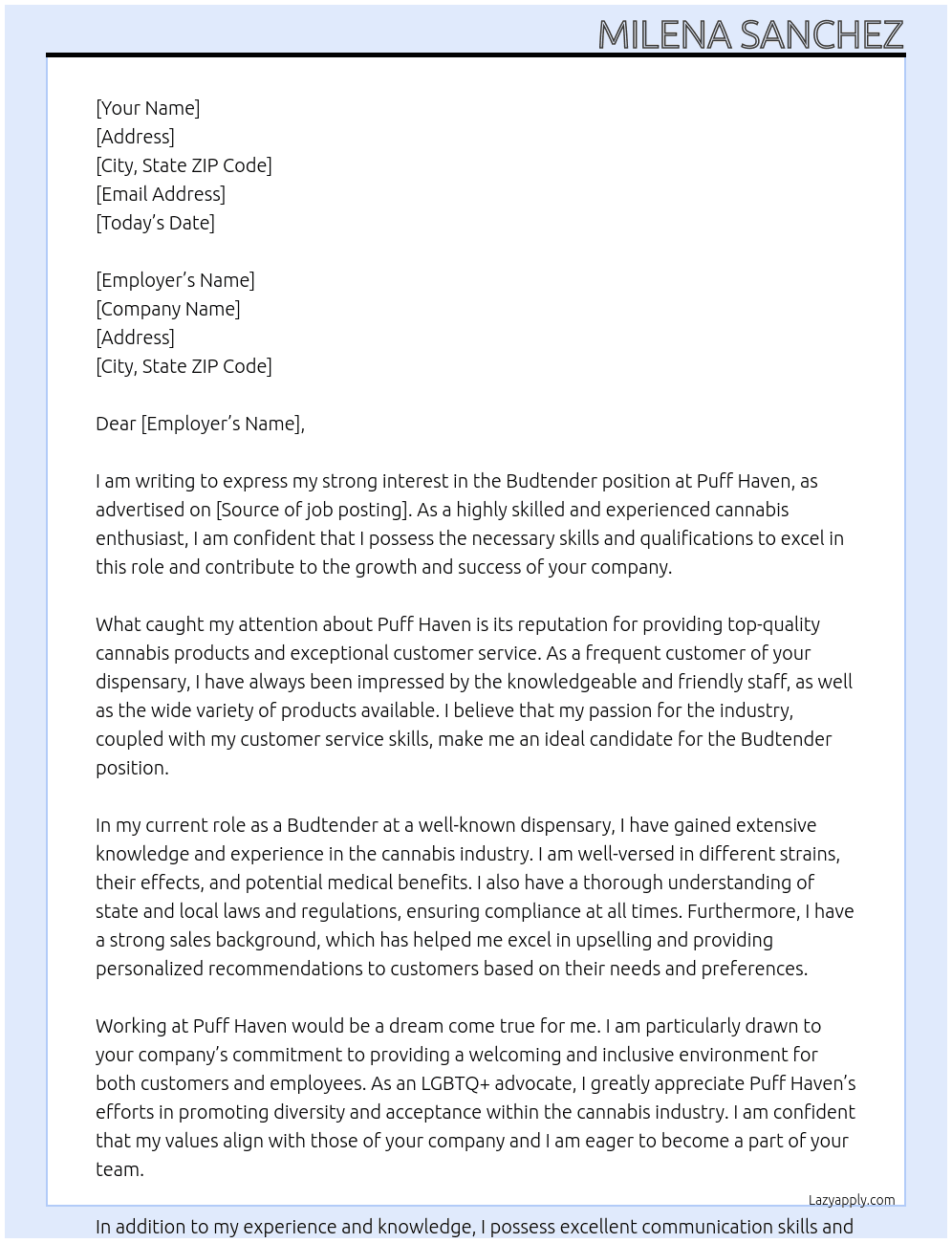 Budtender At Puff Haven Cover Letter