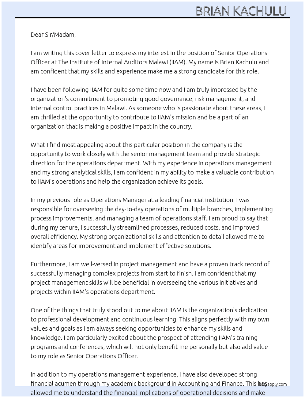 Senior Operations Officer At The Institute of Internal Auditors Malawi (IIAM) Cover Letter