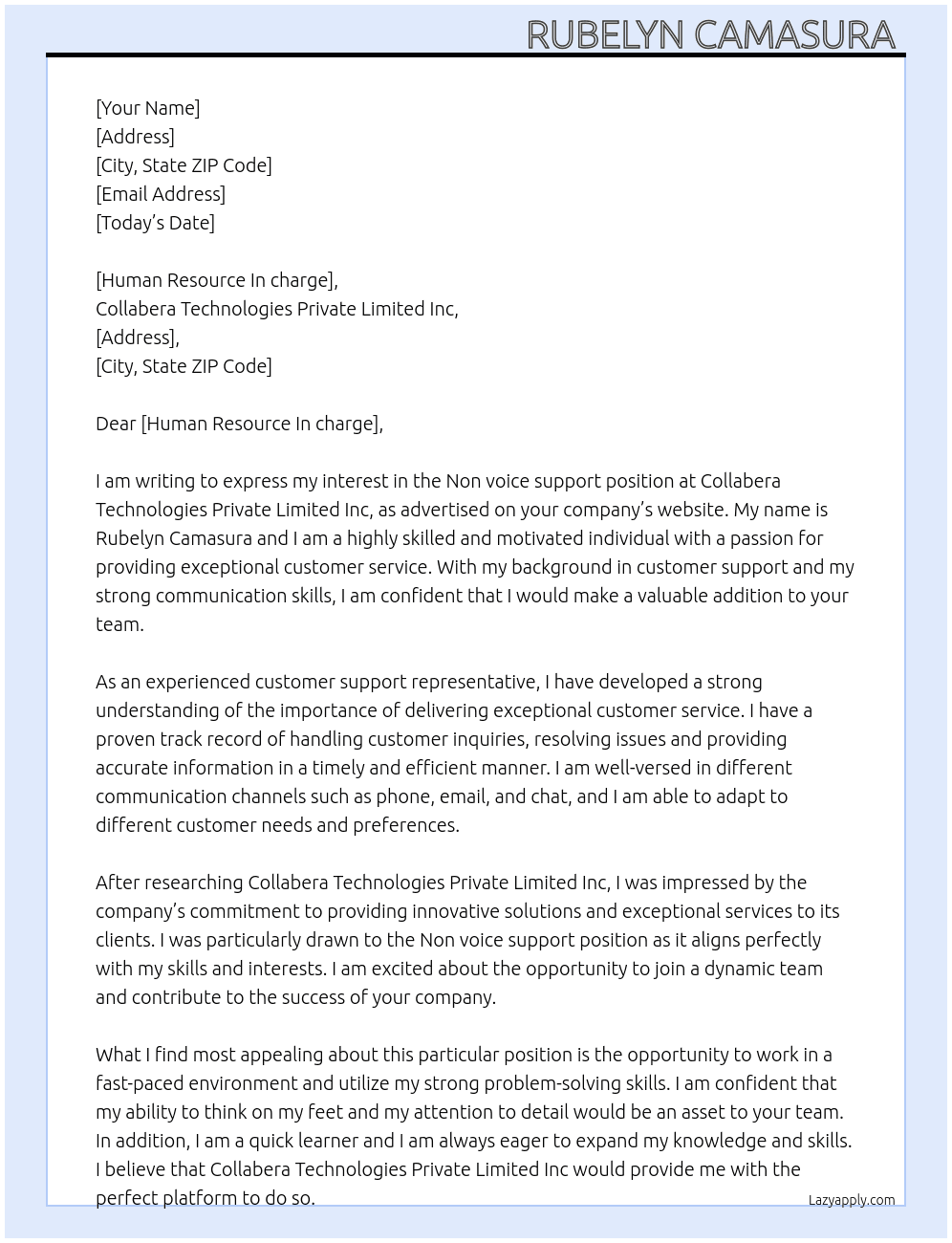 Non voice support  At Collabera Technologies Private Limited Inc Cover Letter