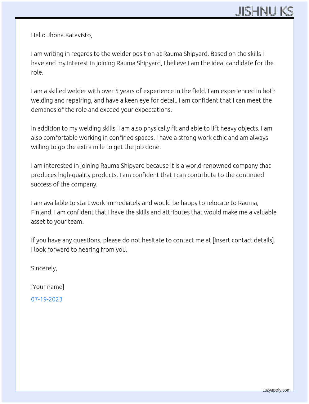 Welder At Rauma Shipyard Cover Letter
