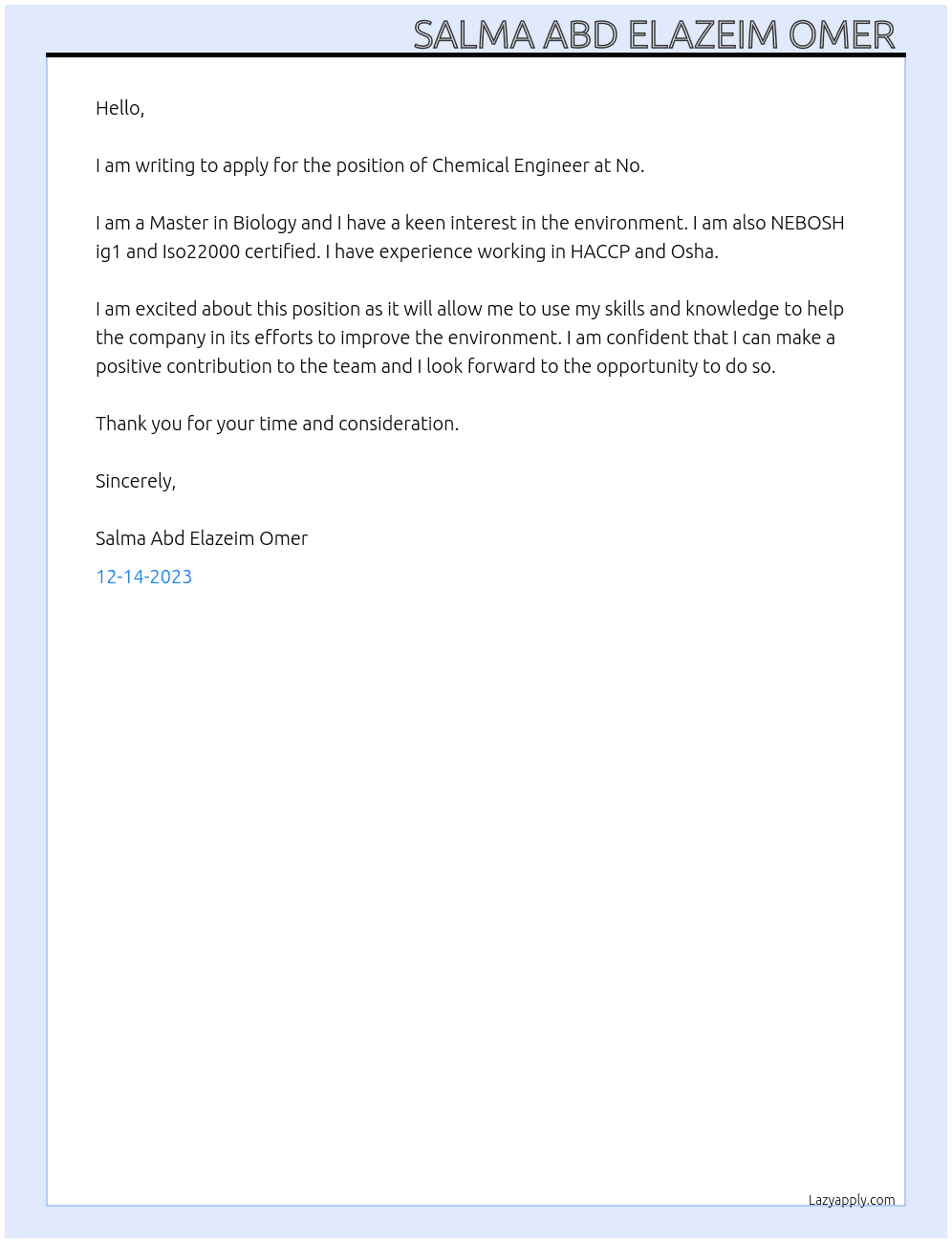 Chemical Engineer  At No Cover Letter