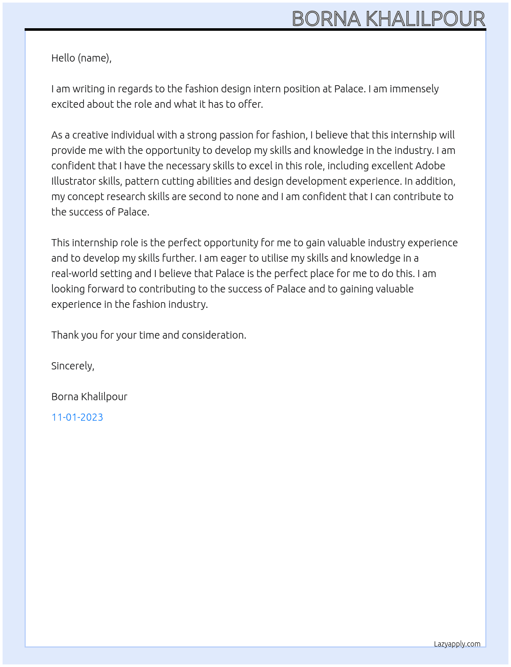 Fashion design intern At Palace  Cover Letter
