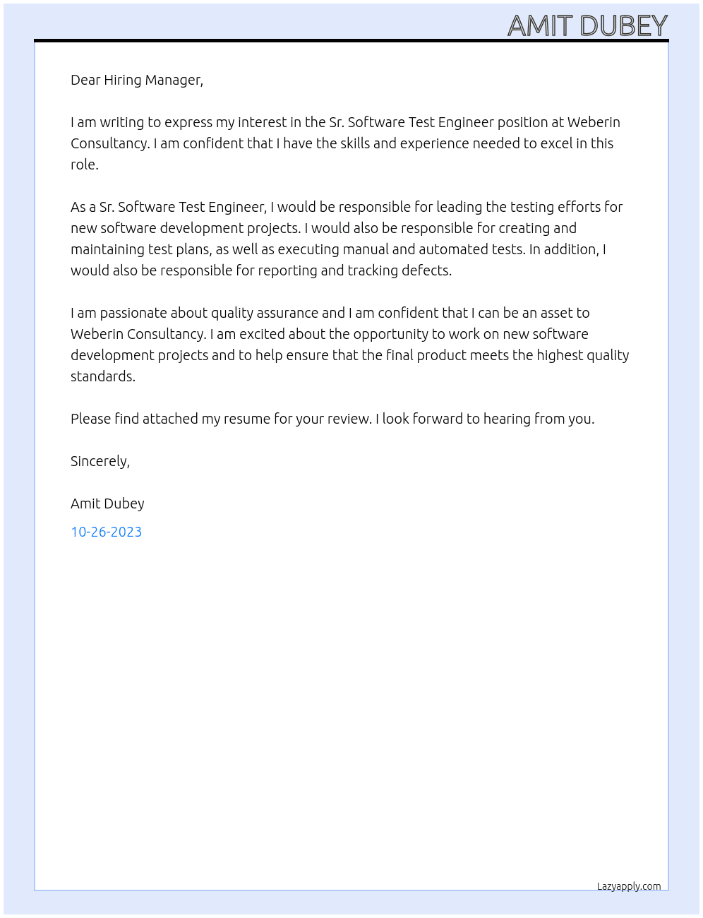 Sr. Software Test Engineer At Weberin Consultancy Cover Letter