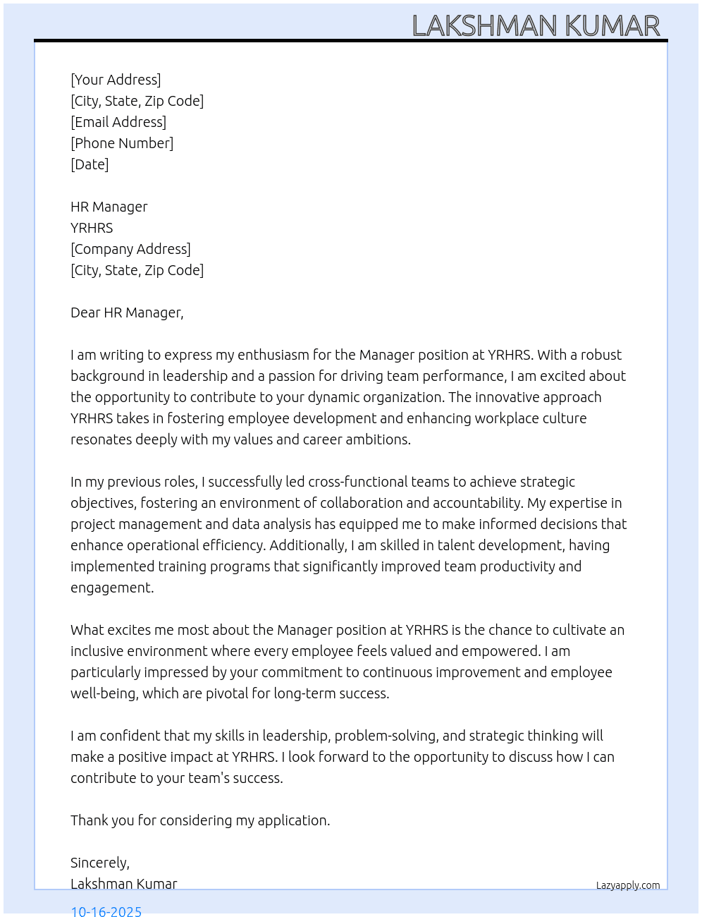 Manager  At YRHRS Cover Letter