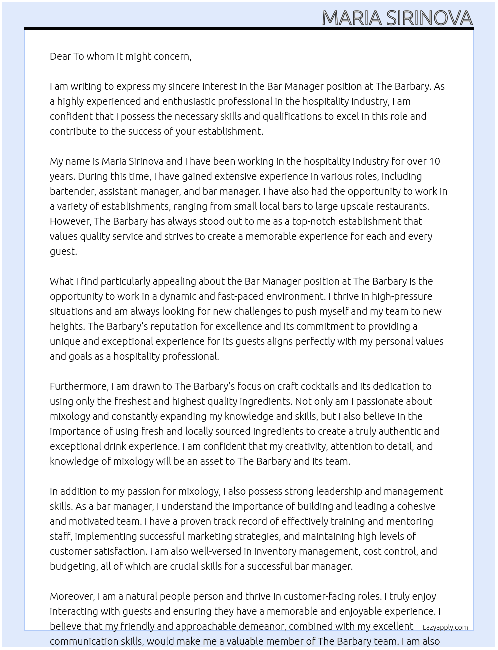Bar Manager At The Barbary Cover Letter
