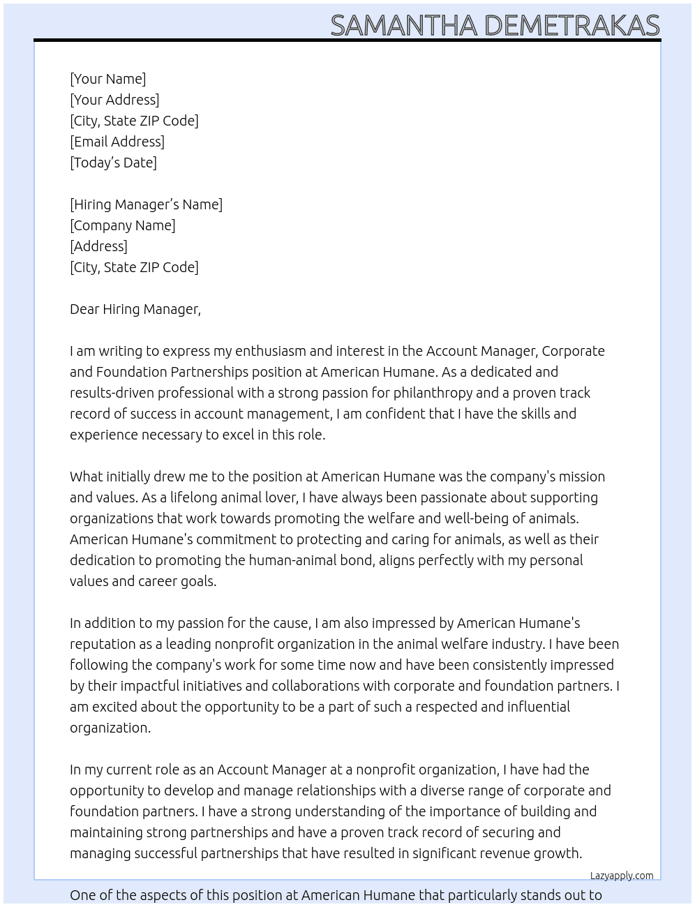 Account Manager, Corporate and Foundation Partnerships At American Humane Cover Letter