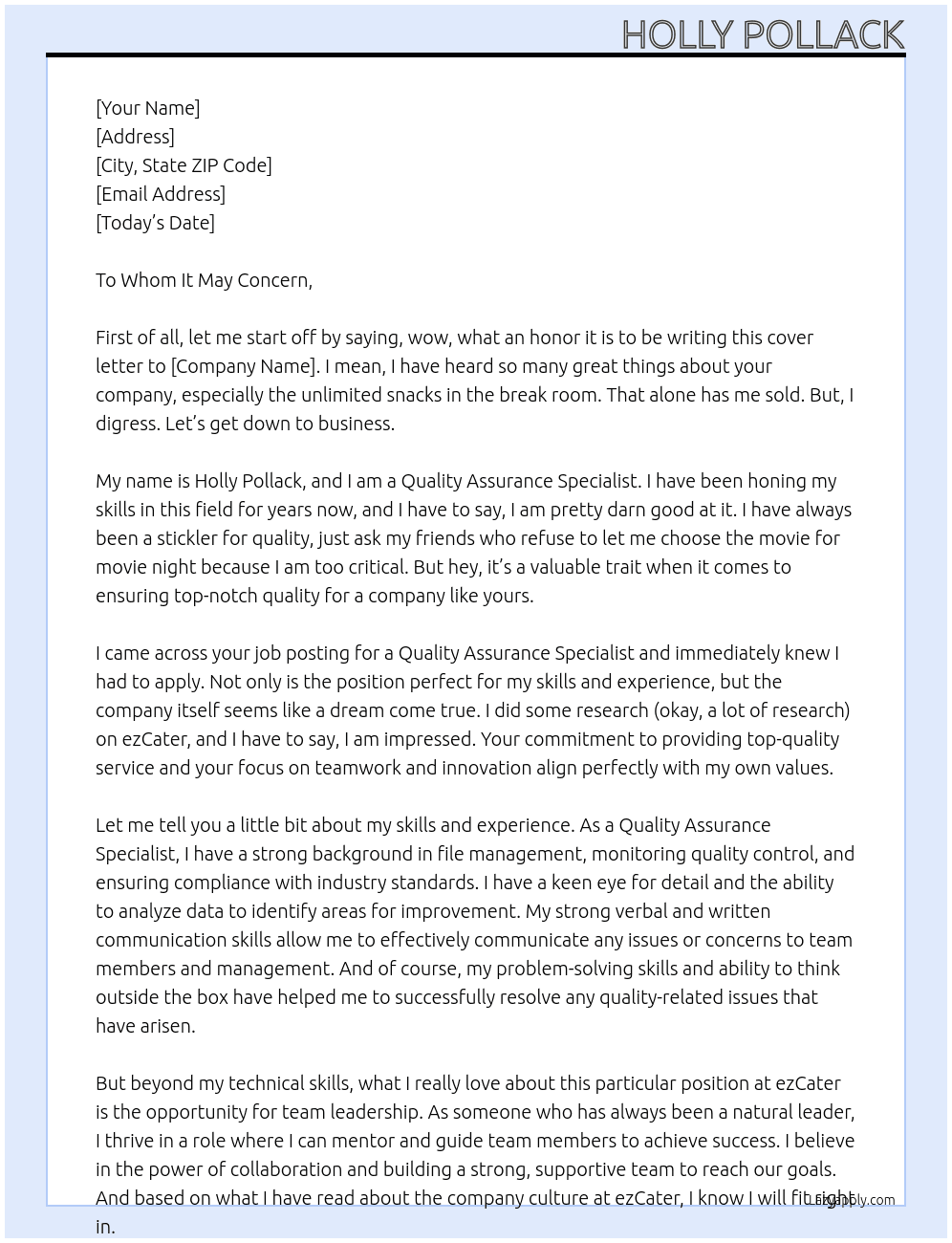 Quality assurance specialist  At ezCater Cover Letter
