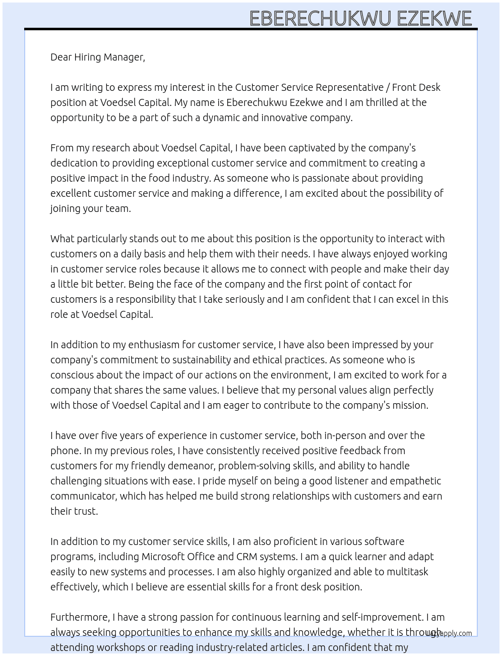 Customer service Representative / front desk  At Voedsel capital  Cover Letter