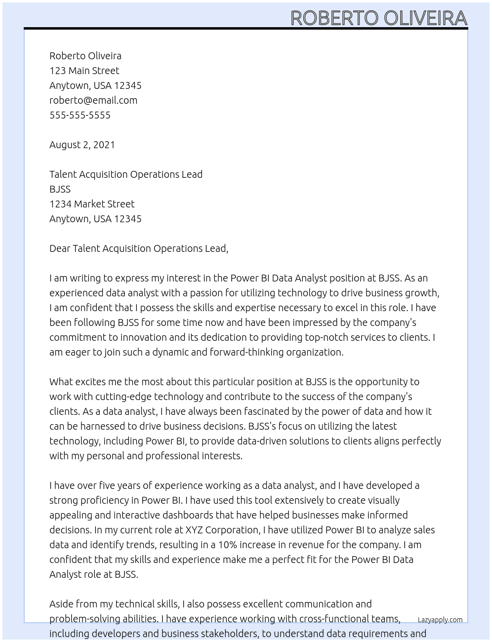 Power BI Data Analyst At BJSS Cover Letter