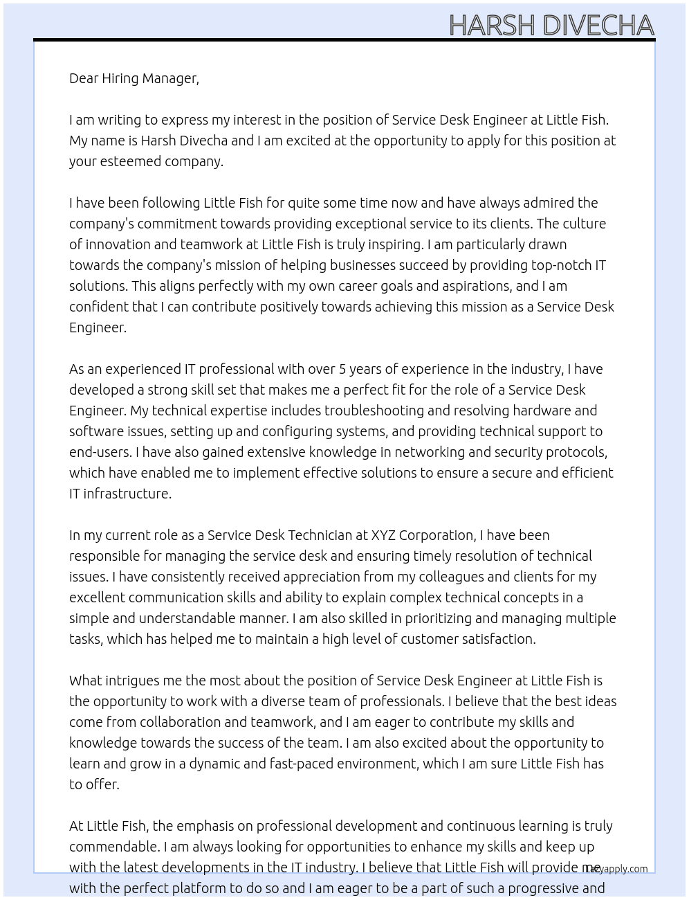 Service Desk Engineer At Little Fish Cover Letter