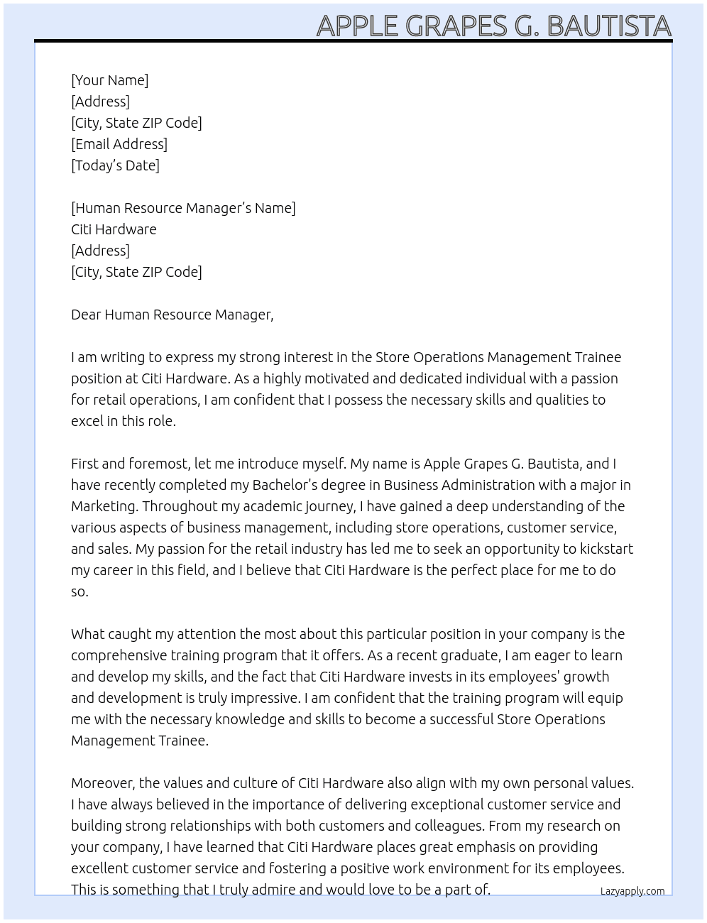 Store Operations Management Trainee At Citi Hardware Cover Letter