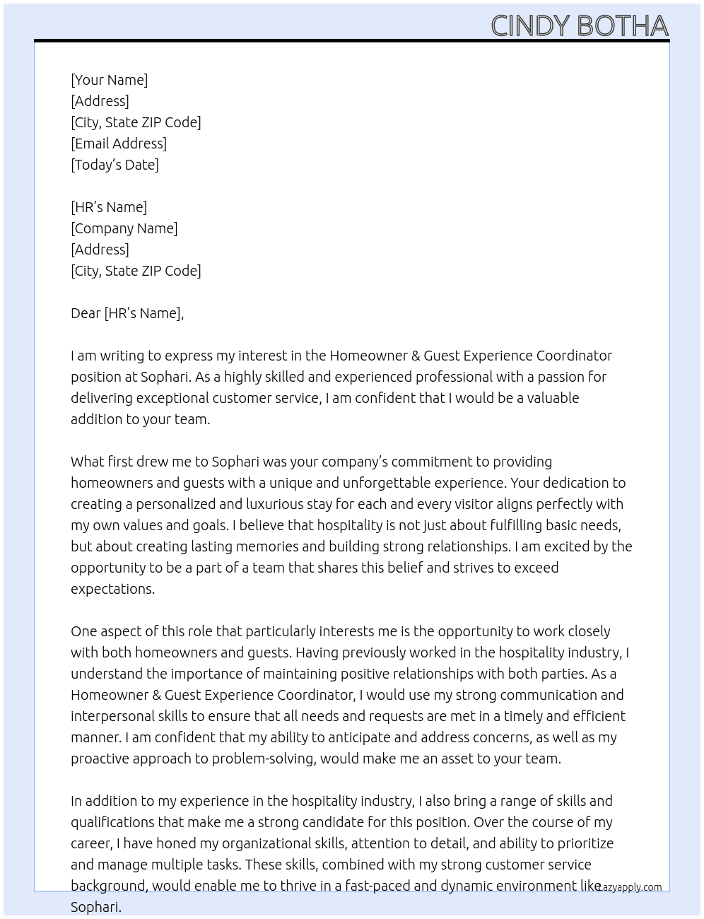 Homeowner & Guest Experience Coordinator At Sophari Cover Letter