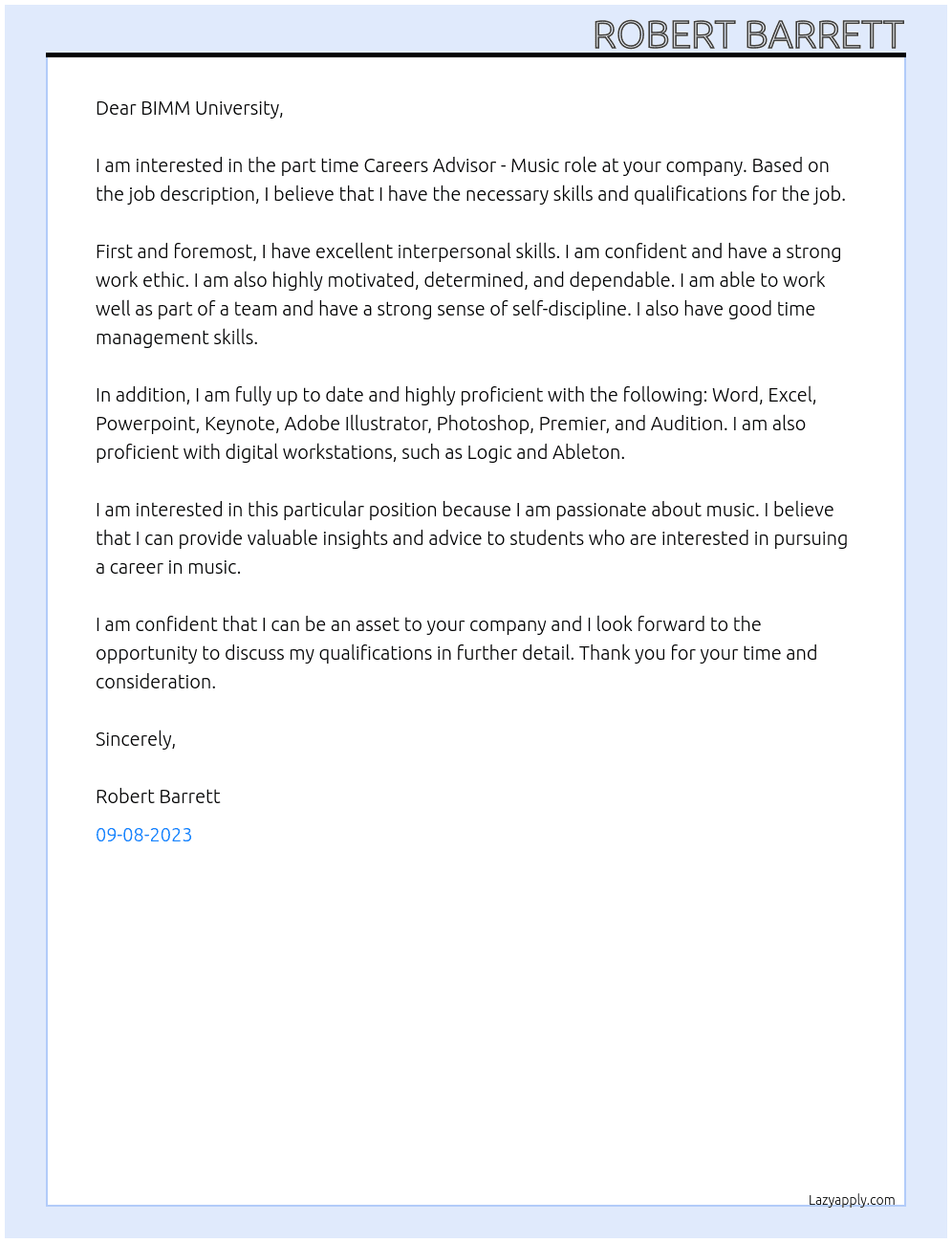 Careers Advisor - Music At BIMM University  Cover Letter