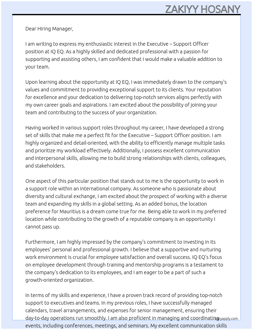 Executive – Support Officer At IQ EQ Cover Letter